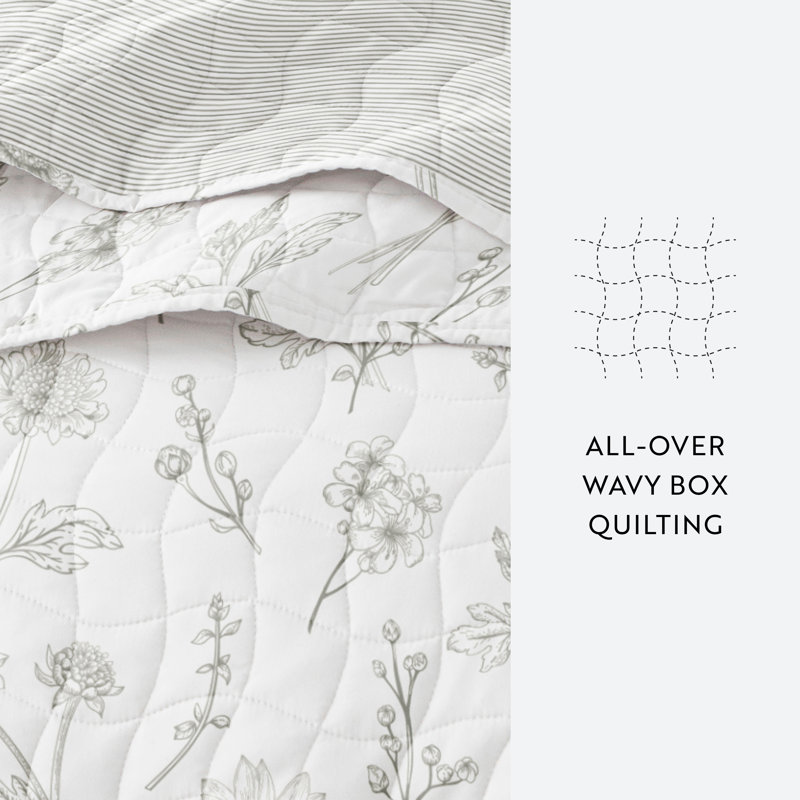 Full Gray Reversible Microfiber Quilt Set with Floral Pattern