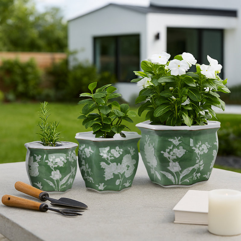 Decorative Flower Pots for Home and Garden – Indoor Planter and Outdoor Planters with Glazed Ceramic Finish and Floral Pattern – Stylish Planters for Porch or Patio – Set of 3, 12", Green