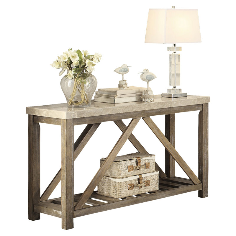 Console en marbre blanc crème au design industriel, base en bois pour le salon, rectangulaire, finition patinée, support en angle, tablette inférieure avec base en bois, blanc, forme rectangulaire,
