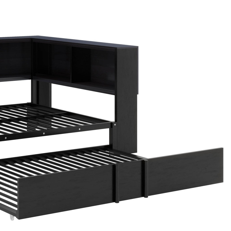A Full-Sized Metal Daybed That Includes An Integrated Pull-Out Trundle And Built-In Storage Compartments, Black
