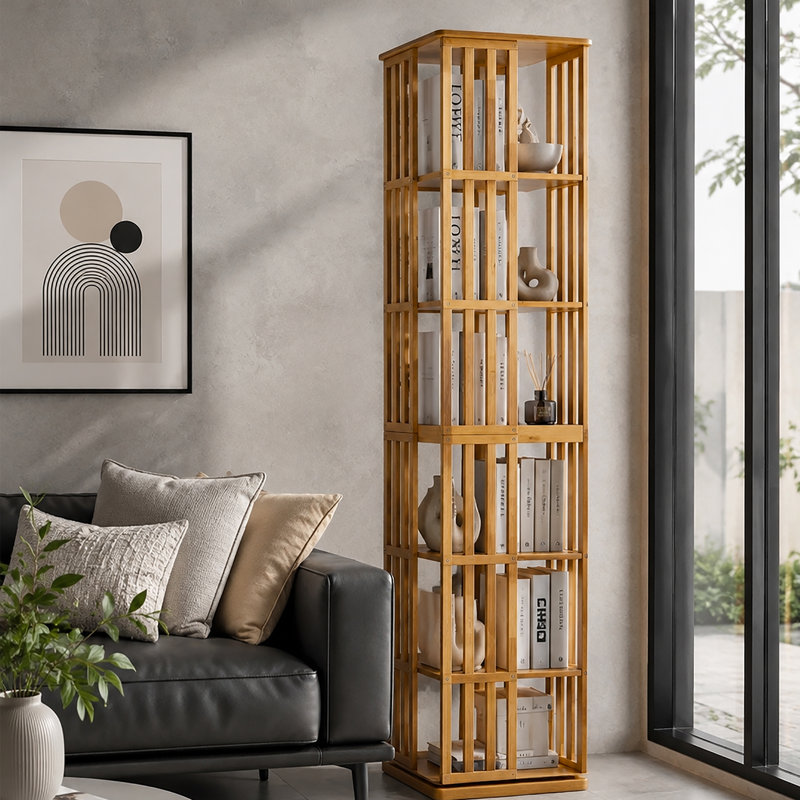 Bibliothèque à 6 niveaux pivotant à 360 ° en bambou, bibliothèque rotative autoportante à 4 côtés, tablette de rangement verticale peu encombrante pour les petits espaces, salon, chambre à coucher, bureau à domicile