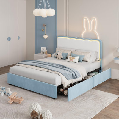 Full Size Upholstered Platform Bed Frame with 2 Storage Drawers – Double Wavy Headboard, Velvet Finish, Heavy Duty Metal & Wood Support, No Box Spring Needed, Light Blue + White