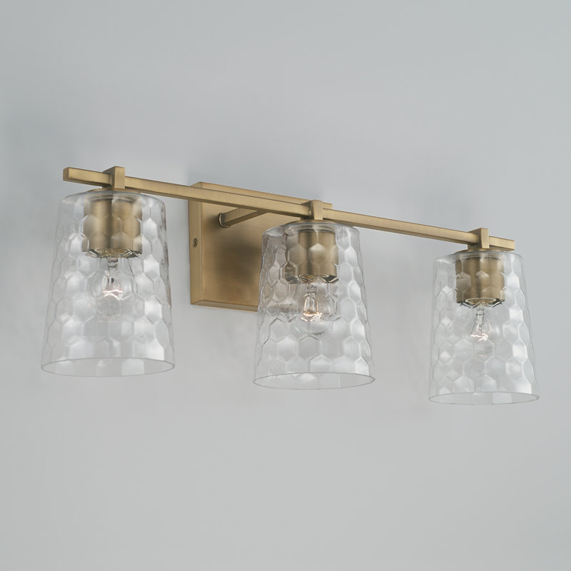 Aged Brass 3-Light Vanity with Clear Honeycomb Glass Shades