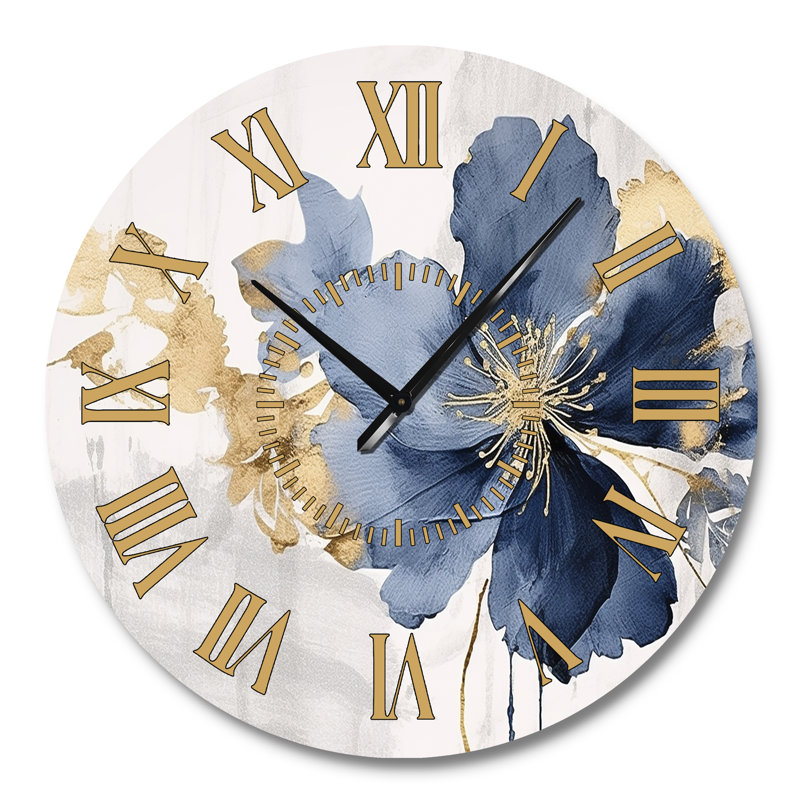 Blue White Hibiscus Tropical Harmony Flowers I - Floral Golden Face Wall Clock, Large
