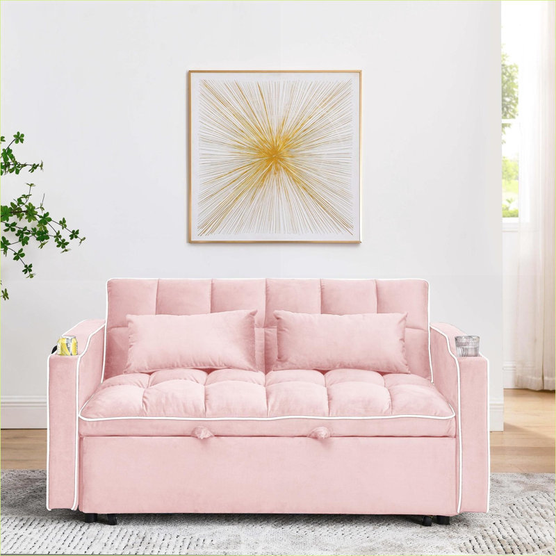 Canapé-lit | Velours moderne convertible réglable 55,5 pouces pour petits dortoirs | Rose bébé | Bois massif, Rose pastel