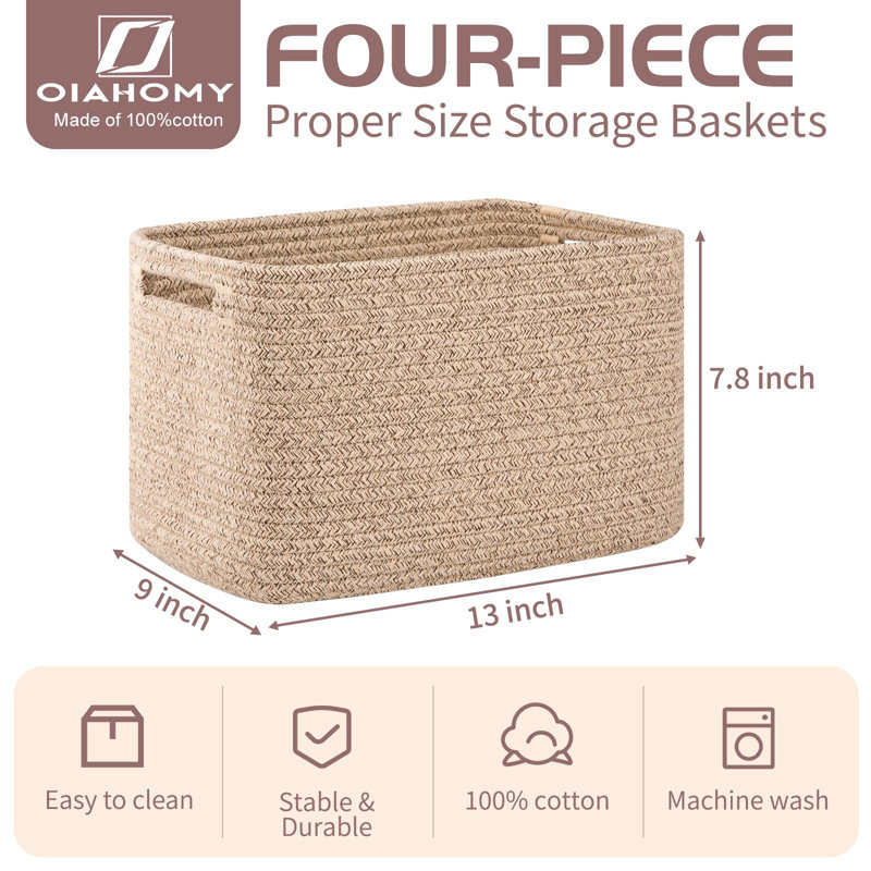 Ensemble de 4 paniers de rangement en corde de coton 4 pièces, Beige