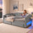 Adjustable Linen Upholstered Daybed With Twin XL Expansion, Storage Drawers & LED Features-1965659309