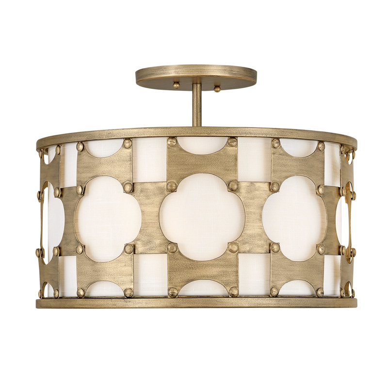 Burnished Gold Drum Pendant with Off-White Textured Shade