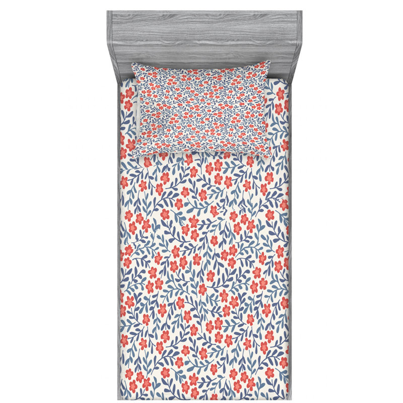 Twin Blue and Red Floral Microfiber Sheet Set