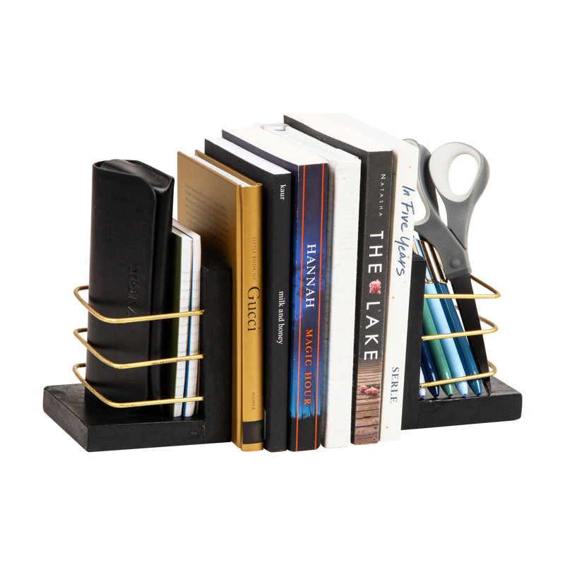 Serre-livres Mind Reader, ensemble de 2 décorations de bureau avec rangement, noir et doré
