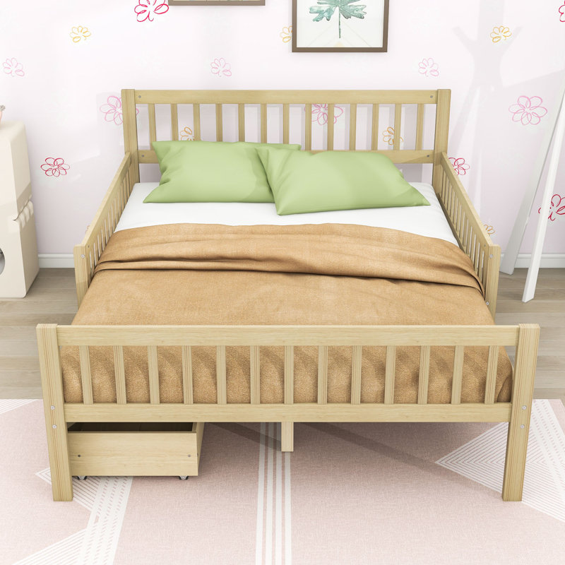 Lit plateforme en bois avec tête de lit, garde-corps et tiroirs de rangement Idahlia, Double, Natural