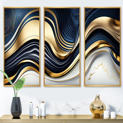 «Abstract Geode Waves Blue and Gold IV», reproduction sur toile 3 pièces
