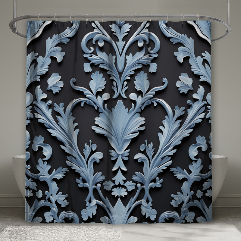 Rideaux de douche damassés à motif floral bleu extra longs, 70in W x 72in H