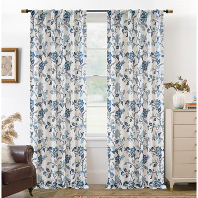 Ada Floral Botanical Print Flower Leaf Lined Thermal Insulated Room Darkening Linen Blend 100% Blackout Back Tab Window Curtains 2 Layers Set of 2 Panels
