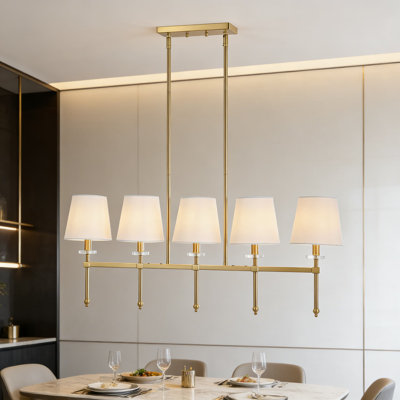 Modern Linear Pendant Light With Linen Shades, 5-Light Chandelier For Kitchen Island And Dining Room, Includes LED Bulbs And Features Brass Gold Finish