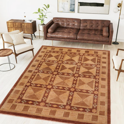 Tapis brun / brun clair en laine noué à la main à motif géométrique 7 pi 1 po x 9 pi 1 po Geometric