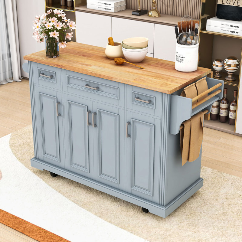 Rolling Kitchen Island Cart with Rubber Wood Drop Leaf, Storage Cabients and Soft Close Drawers, Gray Blue