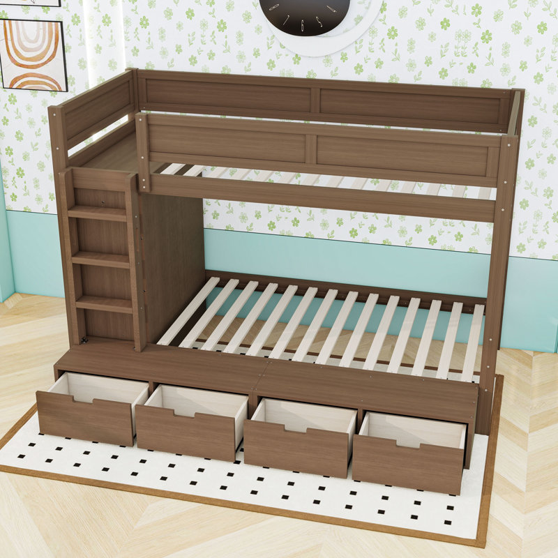 Lit superposé simple en bois avec 4 tiroirs et garde-robe, Brown
