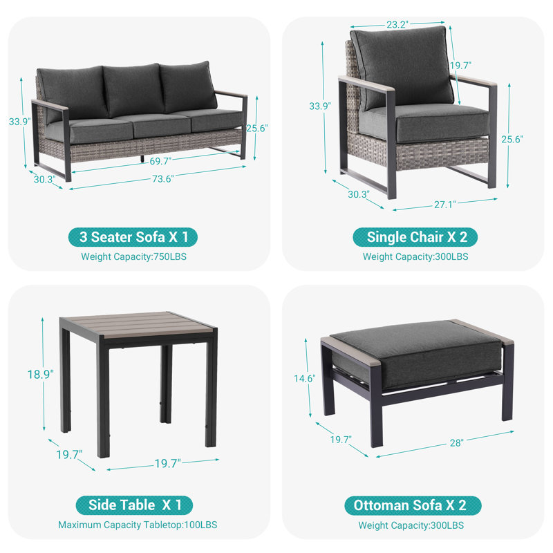 Ensemble de canapé de patio 6 pièces avec table d'appoint, canapé de conversation avec coussin, Noir gris