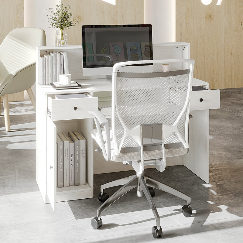 Jaquai Rectangle White Reception Desk with Filing Cabinet with Power Outlet