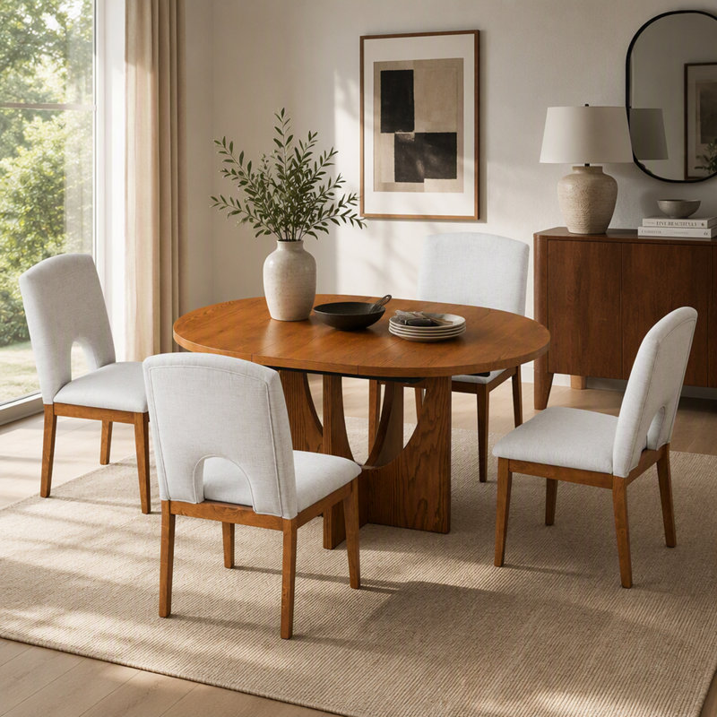 Ensemble de salle à manger rond extensible moderne de 5 pièces avec rallonge amovible de 41 cm (16,2 po), idéal pour les petits espaces.