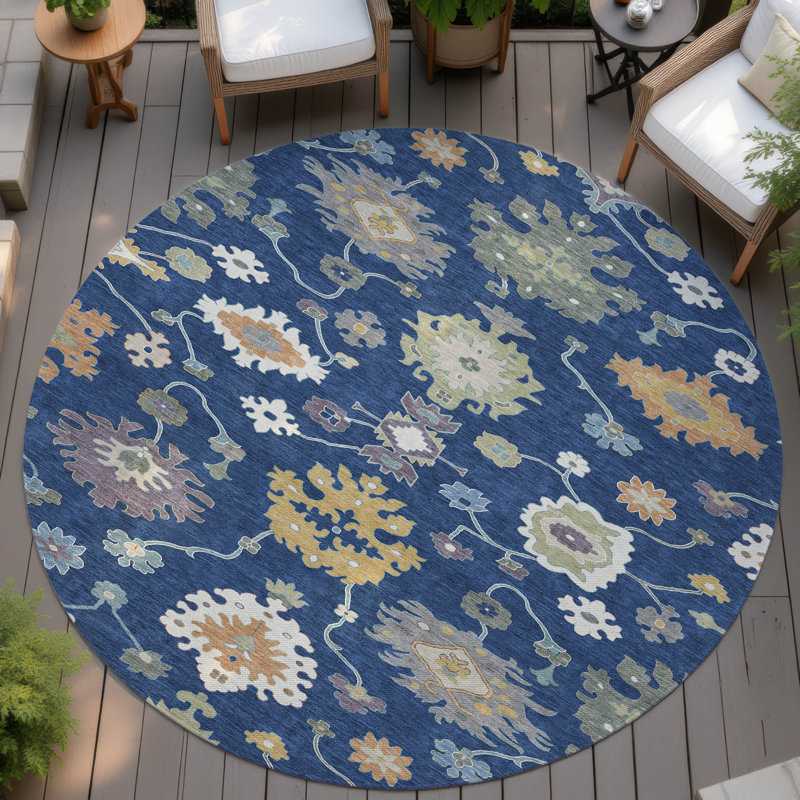 Tapis traditionnel lavable à la machine intérieur / extérieur ACN2532, Marine, Rond 8 pi