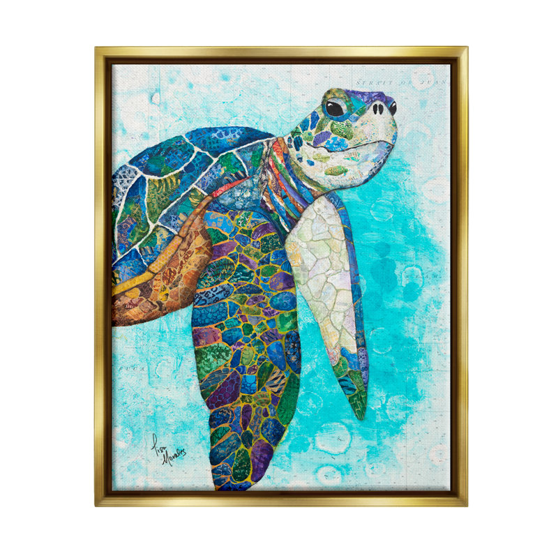 Bold Aquatic Sea Turtle Collage Painting with Gold Frame