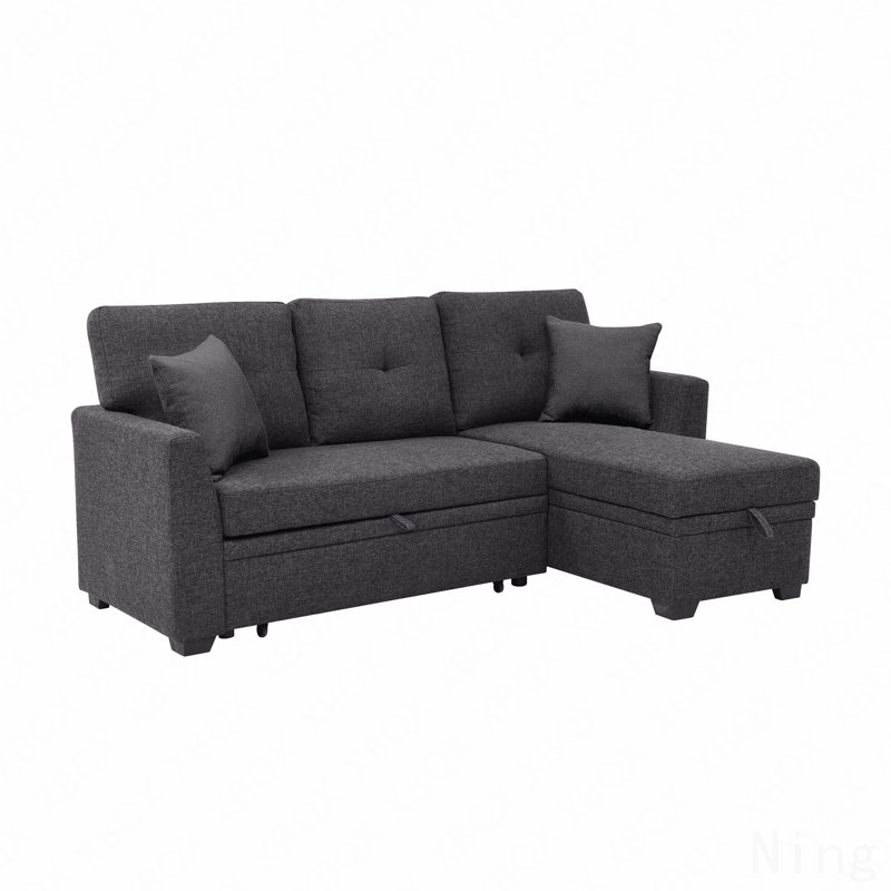 76.5" Linen Blend Upholstered Sectional With Pull-Out Bed And Chaise Storage, Charcoal Black