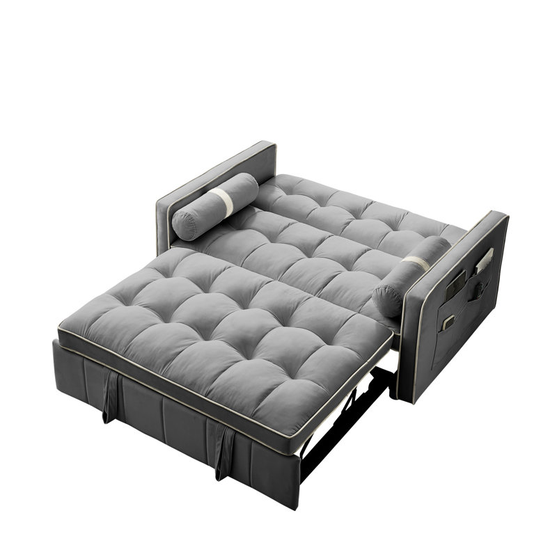 Canapé moderne avec coussins lombaires, velours gris 2 places de 55,5 po, poches latérales et lit gigogne escamotable pour salon, bureau, chambre à coucher, coussins en mousse