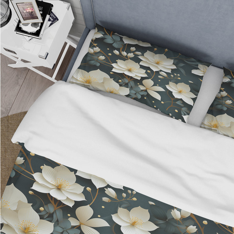 White And Teal Tranquil Lotus Zen - Ensemble de housse de couette botanique, Housse de couette pour très grand lit et 2 très