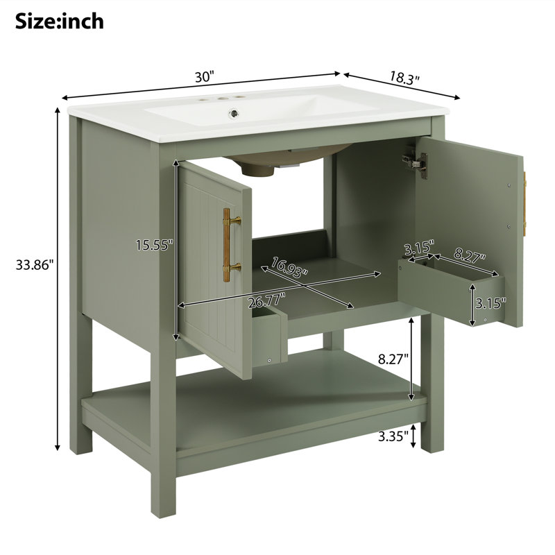 Meuble-lavabo simple autoportant de 30 po avec lavabo en céramique, Vert