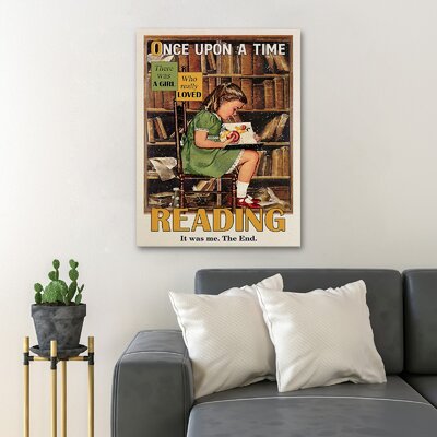 Baby Girl In Green Reading By Bookshelf - Once Upon A Time There Was A Girl Who Really Loved Reading - 1 Piece Rectangle Graphic Art Print On Wrapped -  Trinx, 573FDE84BADE485594542BB13793FBF4