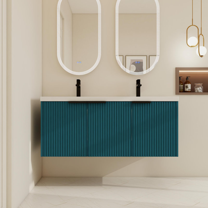 Ensemble de meuble-lavabo mural double 48 po avec 2 lavabos 3 48 po et 3 portes, Bleu