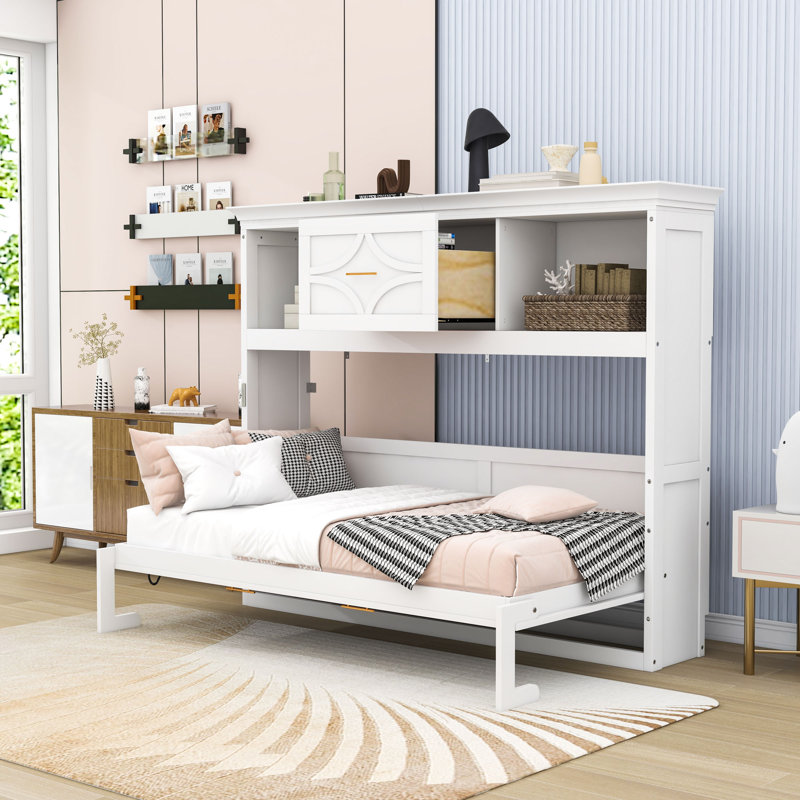 Lit escamotable 1 place en bois avec station de charge et tablettes, Blanc