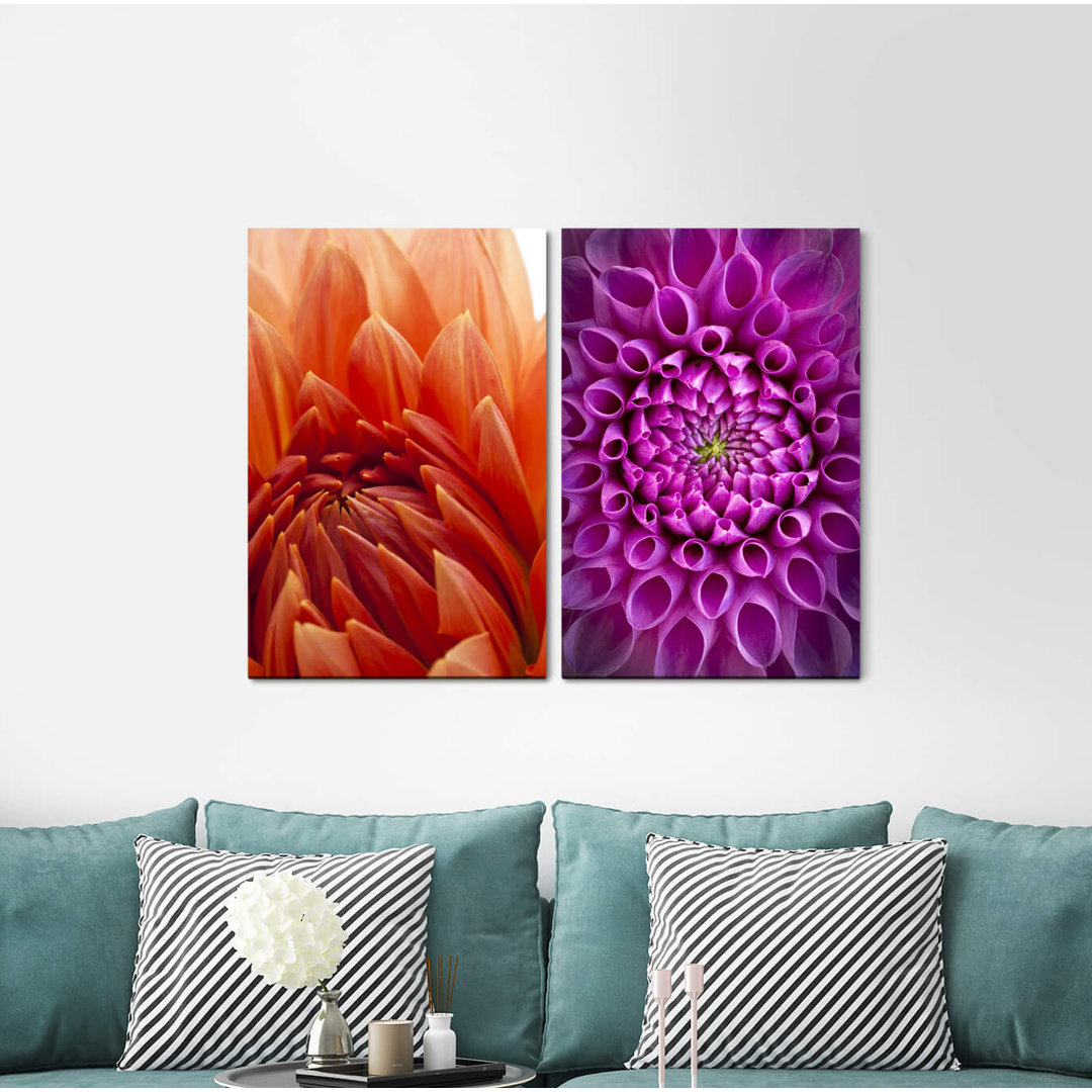 2-tlg. Leinwandbilder-Set - Grafikdruck „Dahlia Red Flower Blossom Colourfulclose Up”