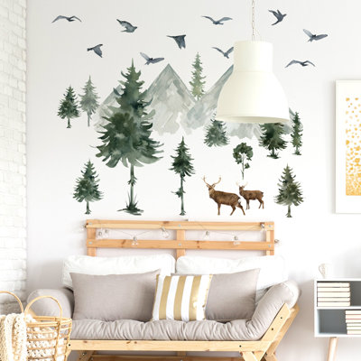 Autocollants muraux de montagne, grands autocollants muraux en forme de pin, autocollants muraux, animaux de forêt, cerfs, oiseaux, arbres de montagne, autocollants muraux pour chambre d'enfant, décoration de chambre de bébé
