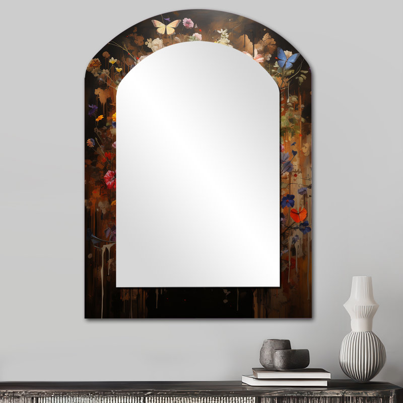 Urban Flora Street Art Botanicals - Pop Art Asymmetrical Decorative Mirror, Glam Arch Wall Mirror, Printed Metal Art