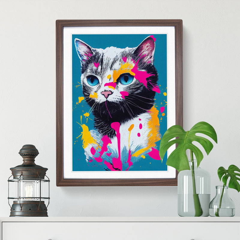 Paint Splat Cat No.3 - Framed Print, 34cm H x 25cm W x 2cm D, Walnut