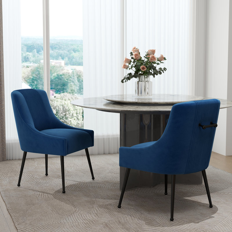 Dinnington Velvet Upholstered Side Chair With Legs, Navy