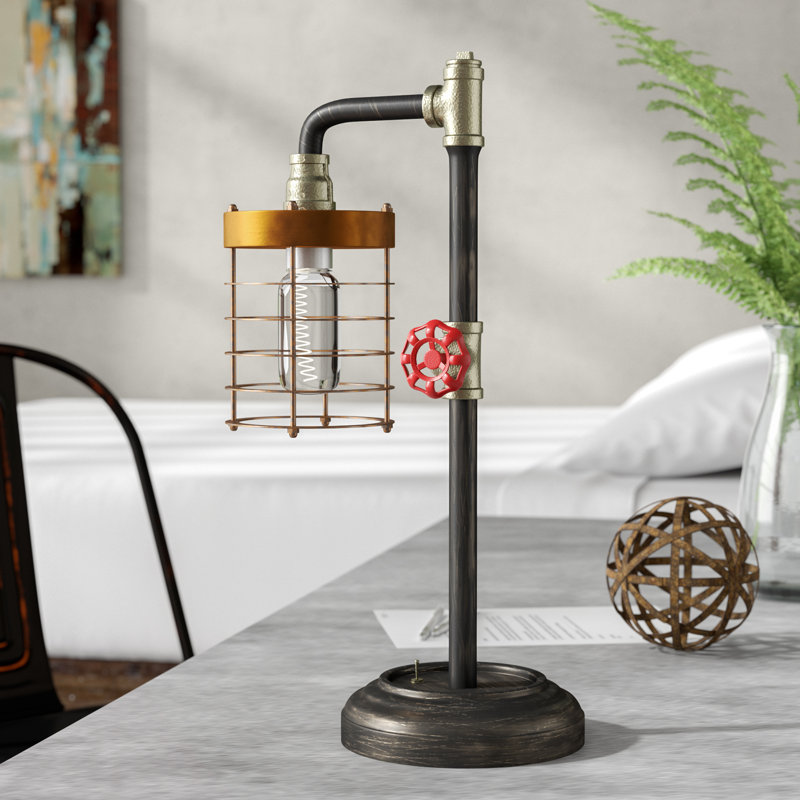 Mosche Industrial Metal Table Lamp with Caged Shade and Valve Accent - Vintage-Inspired, Rustic, Decorative, Steampunk-Style Desk Lamp for Home or Office Lighting