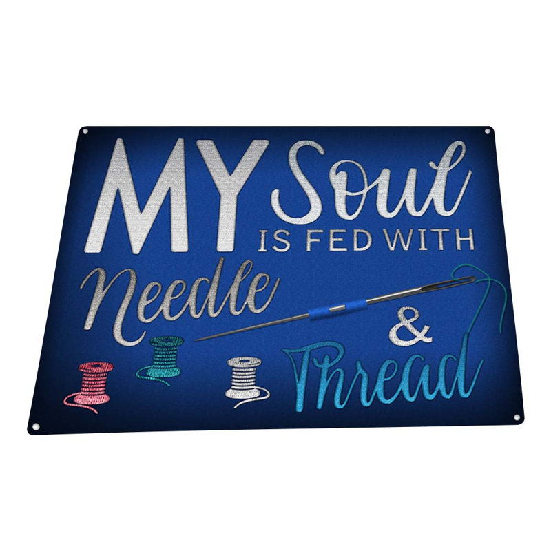 «My Soul Is Fed» avec l'aiguille et le fil, H 8,5 po x l 11,5 po x P 0,04 po