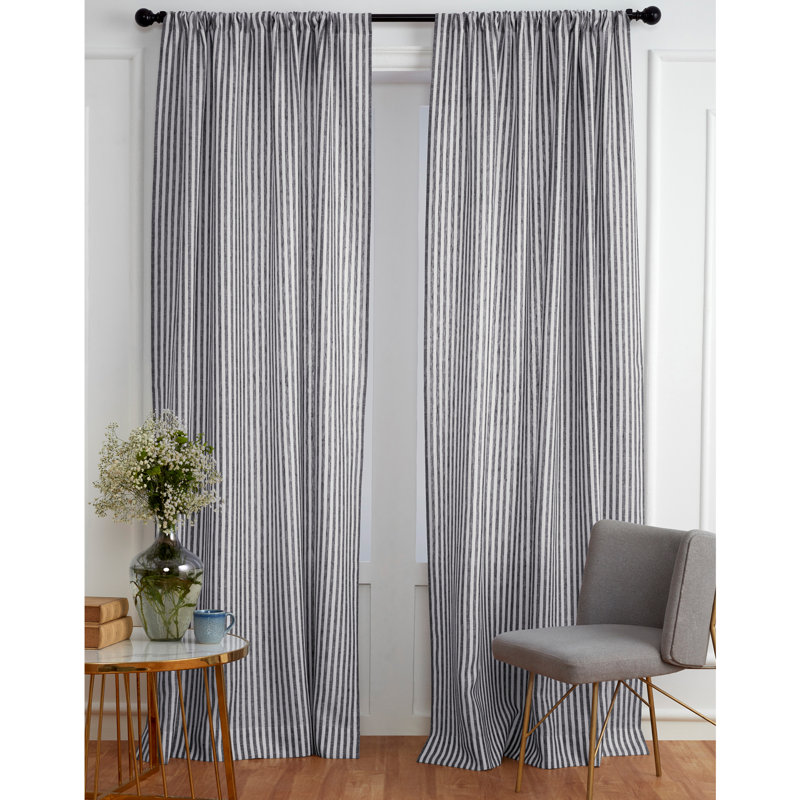  Stripe - 100% Pure Linen Curtain, 52" W x 84" L, Black and White
