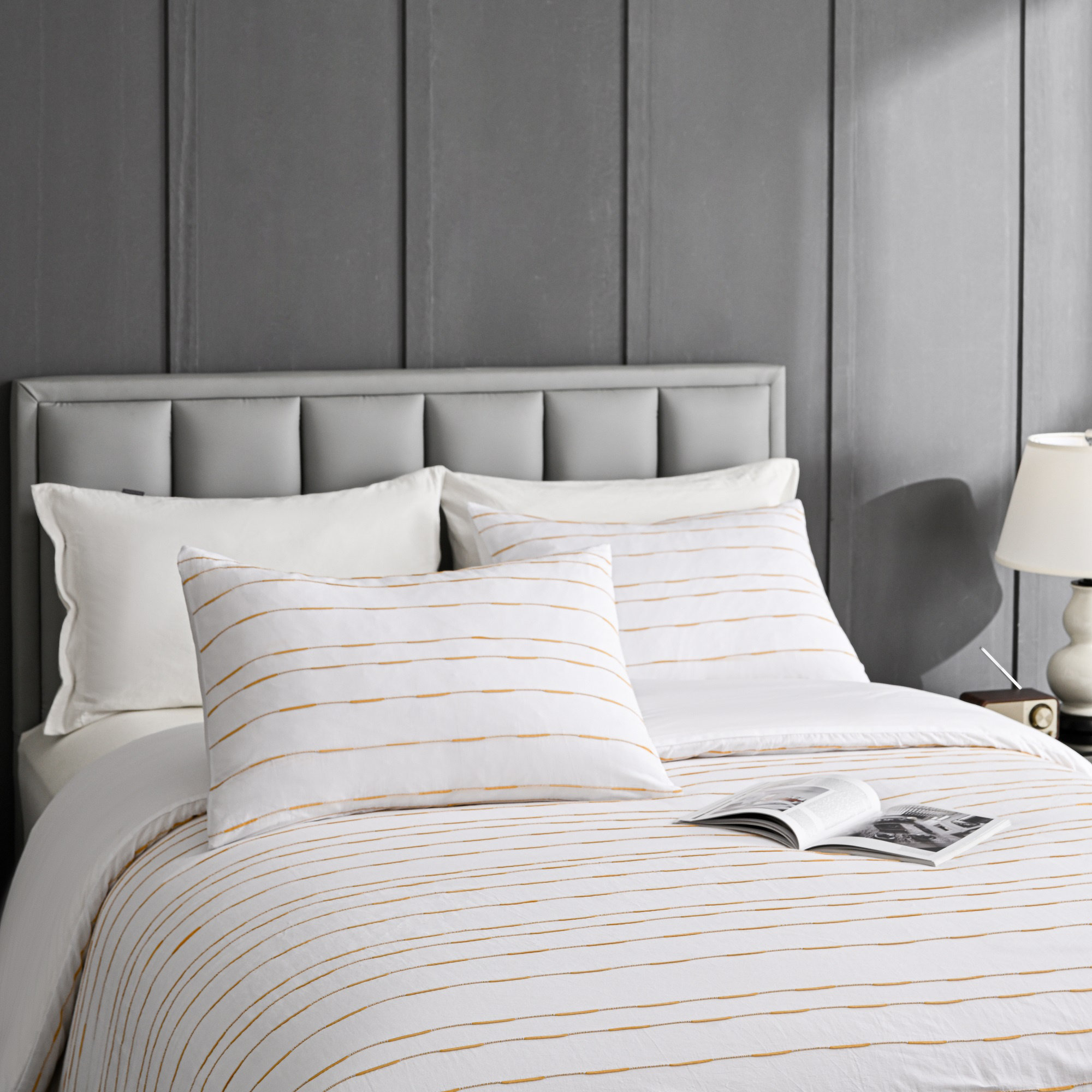 Zari Cotton Percale Duvet Cover Set, White/Yellow, Queen Duvet Cover + 2 Shams