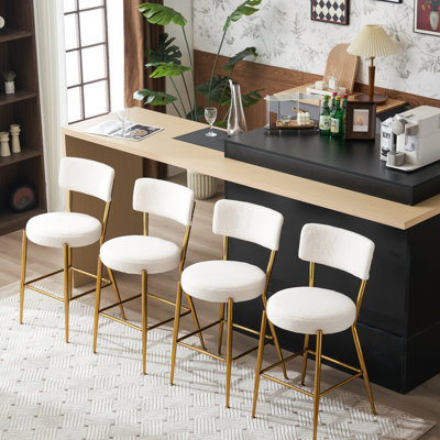 25-inch Beige Bar Stools - Metal Base, Fabric Upholstery For Kitchen And High Base Beige, Back Support Long Sitting