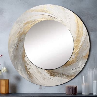 Gold And White Soft Wave Vortex V - Abstract Spirals Round Mirror Wall Decor_MTMIR109531