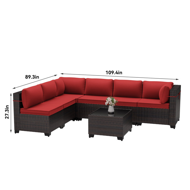 7-Piece L-Shaped All-Weather Wicker Sectional Sofa with Cushion, Red