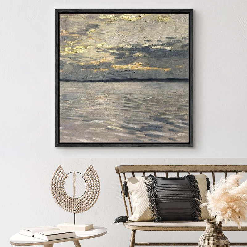 Réfléchissant bord de mer au crépuscule, peinture à l'huile texturée calme au coucher du soleil, illustrations, réalisme, décor encadré sur toile