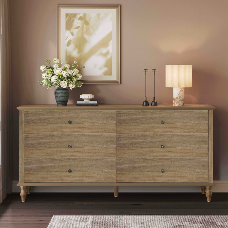 6-Drawer Double Wide Wood Dresser for Bedroom, Light Brown