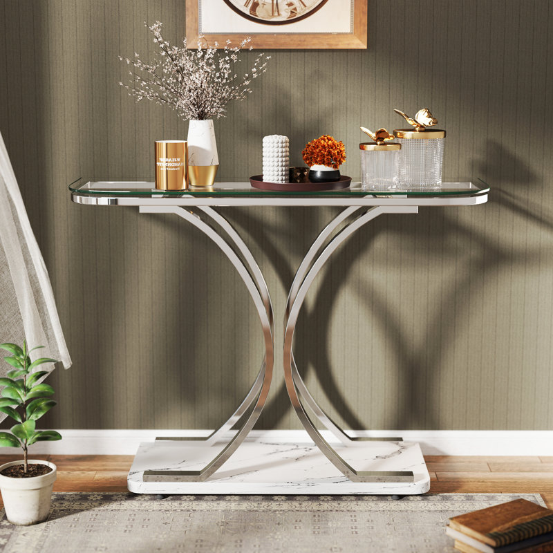 Console en verre trempé Balsam avec base géométrique, table d'entrée moderne pour le salon, couloir, Chrome