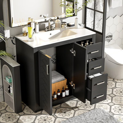 Ensemble de meuble-lavabo 36 po avec lavabo en céramique, armoire de rangement en bois massif, ensemble de meuble-lavabo autoportant avec 3 tiroirs et portes à fermeture douce